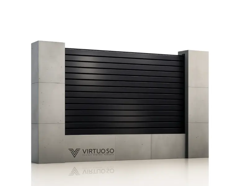 Panou de gard din aluminiu Jaluzea Deluxe gri antracit între stâlpi de beton (randare 3D)