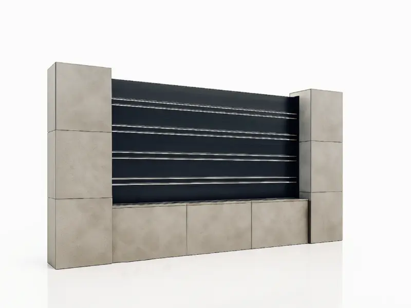 Panou de gard din aluminiu Neptun gri antracit între doi stâlpi de beton (randare 3D)