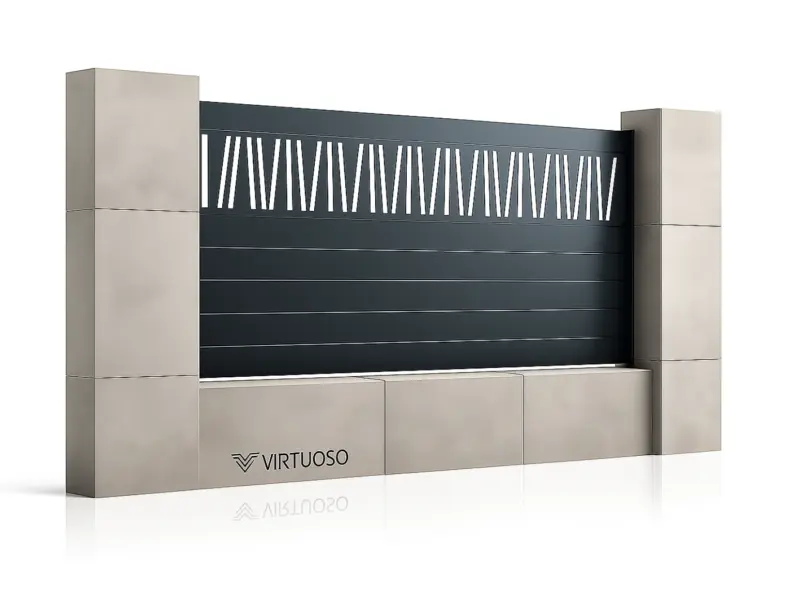 Panou de gard din aluminiu Poseidon gri antracit între stâlpi de beton, cu bandă decorativă sus (randare 3D)