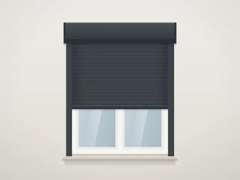 Ilustrație: rulou exterior aplicat din aluminiu, gri antracit, cu casetă și ghidaje laterale, montat peste o fereastră